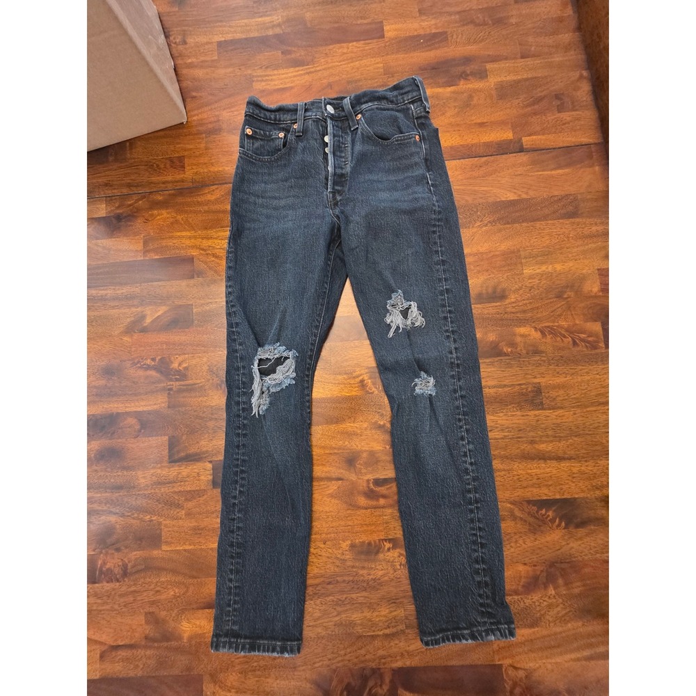 Levis 501 Skinny Jeans Womens 24 Black Distressed High Rise Button Fly Denim 226